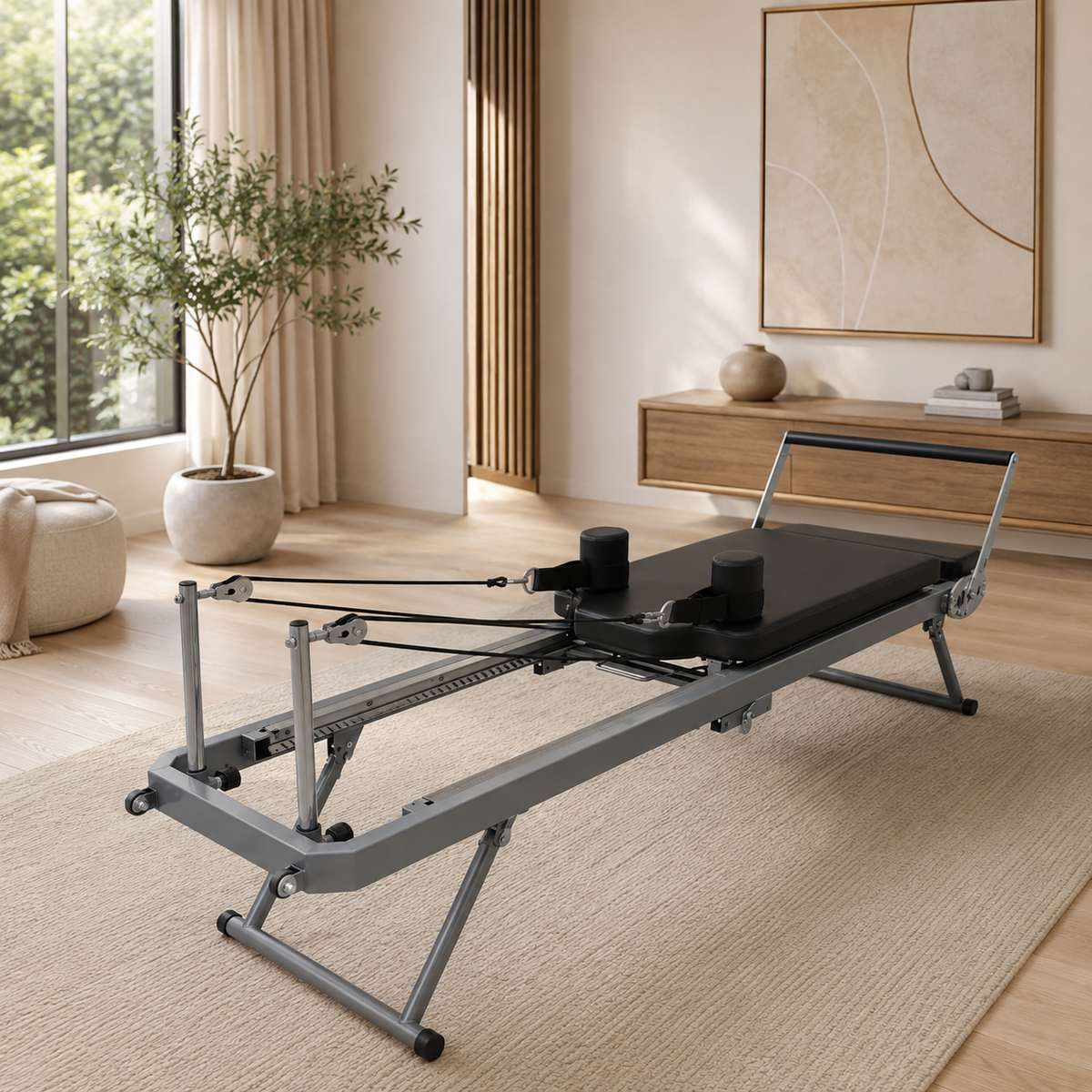 Ventarro foldable home Pilates reformer in a modern living room
