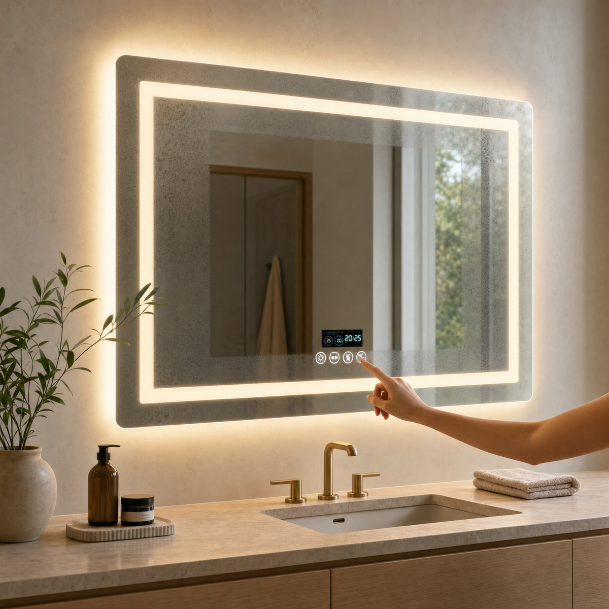 Smart LED bathroom mirror with Bluetooth and anti-fog lighting