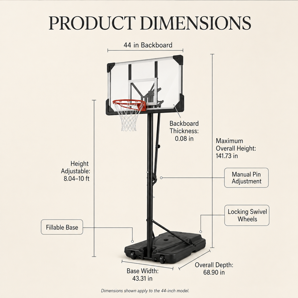 Portable basketball hoop dimensions and product details