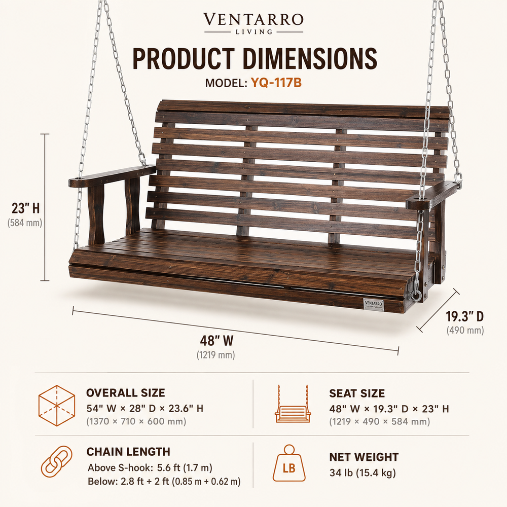 Wooden porch swing dimensions for available size 3