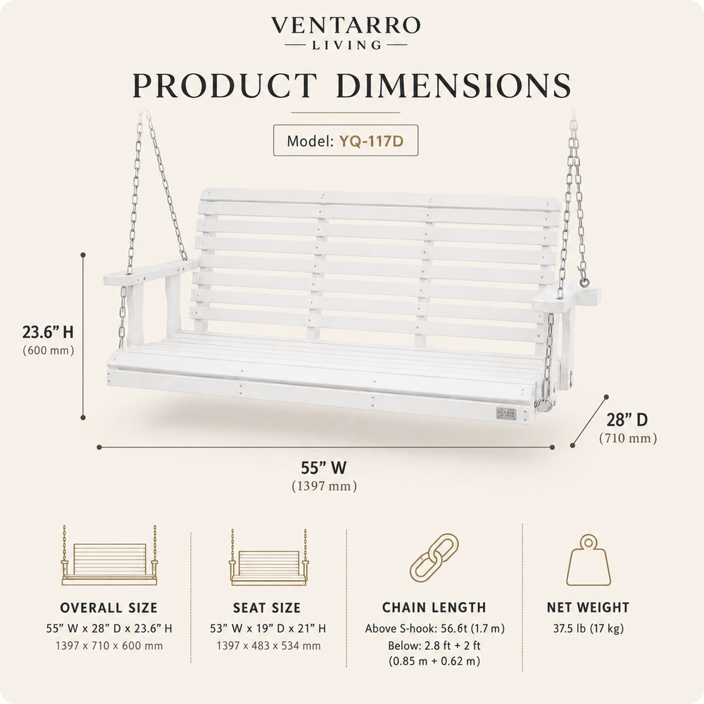 White 5.5 foot wooden porch swing