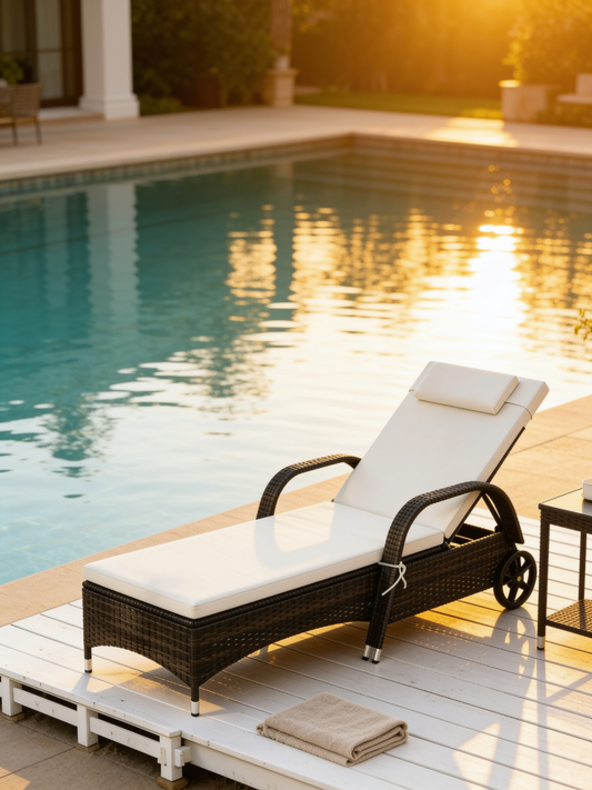 Ventarro Adjustable Rattan Chaise Lounge with Wheels