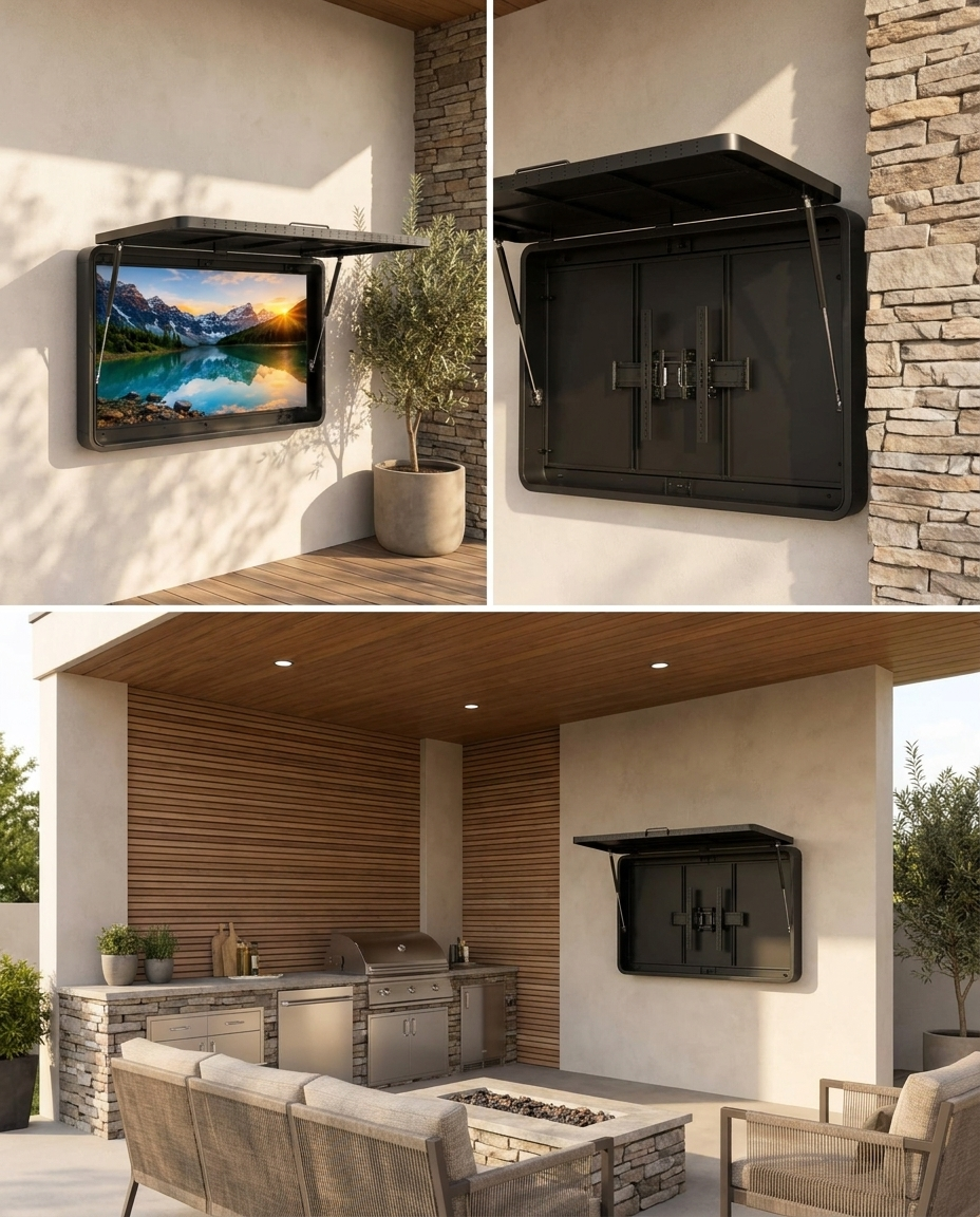 Outdoor TV enclosure with the protective front cover open