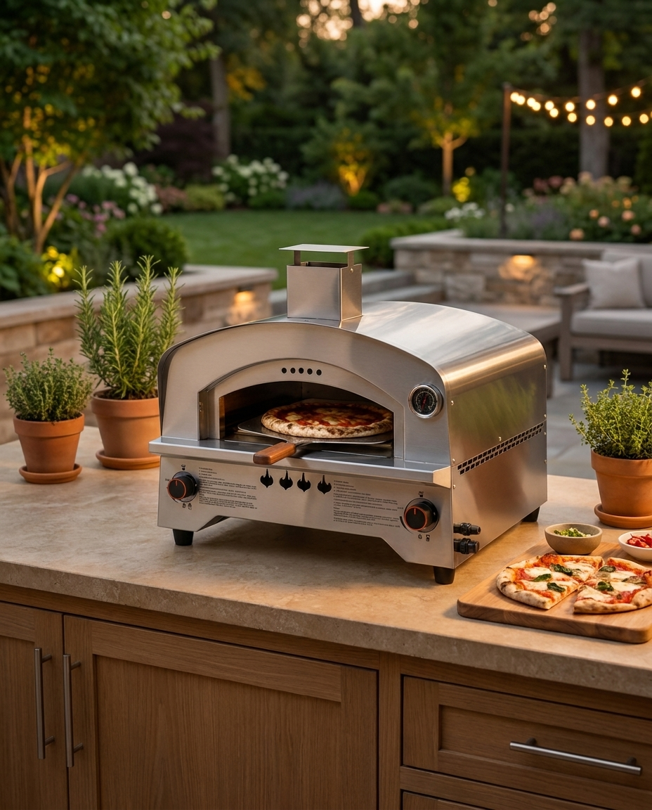 Stainless steel outdoor pizza oven with dual burner controls