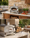 Outdoor pizza oven in a modern patio cooking area
