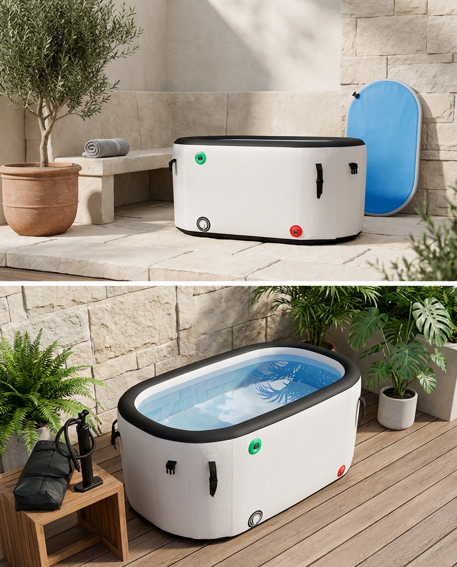 Inflatable cold plunge tub with fitted insulated cover