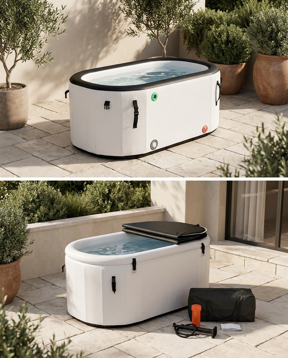 Cold plunge tub in a modern outdoor wellness space