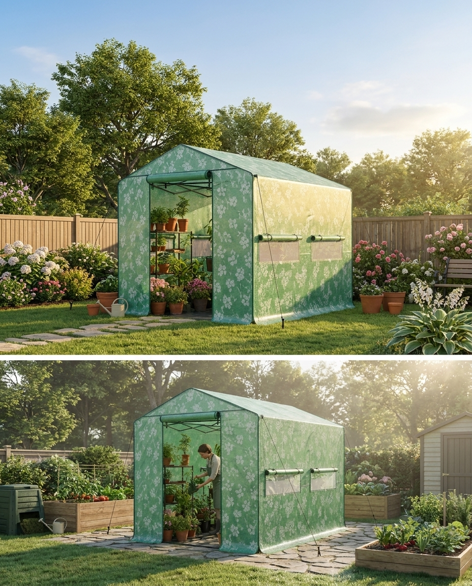 Walk-in greenhouse in a residential garden